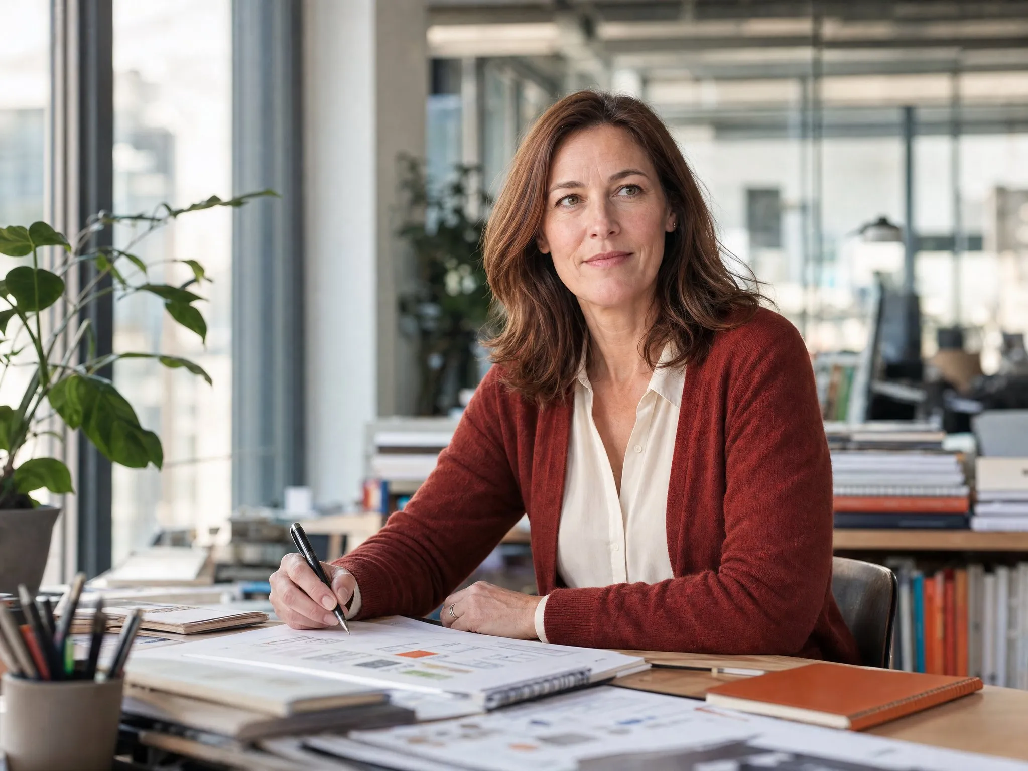 An executive pauses mid-work at her worktable by a tall window, pen in hand, notebooks and printed frameworks layered around her.