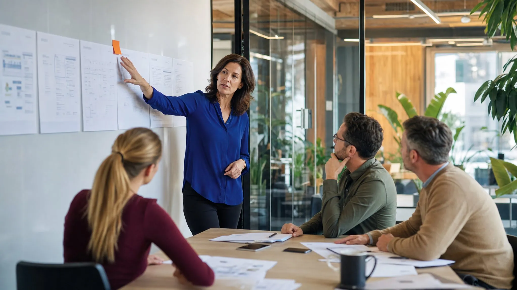 An executive walks her leadership team through printed pages taped across a meeting-room whiteboard.
