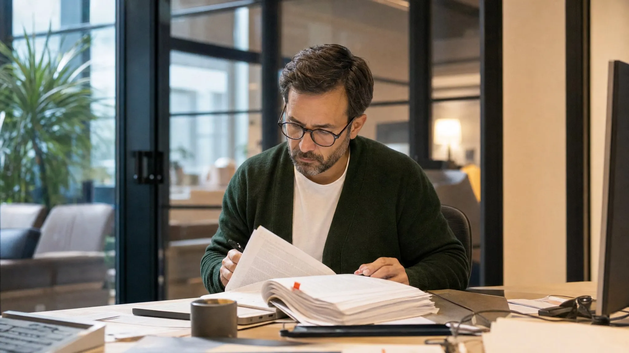 An executive reads a thick report line by line at his desk in a quiet end-of-day office.
