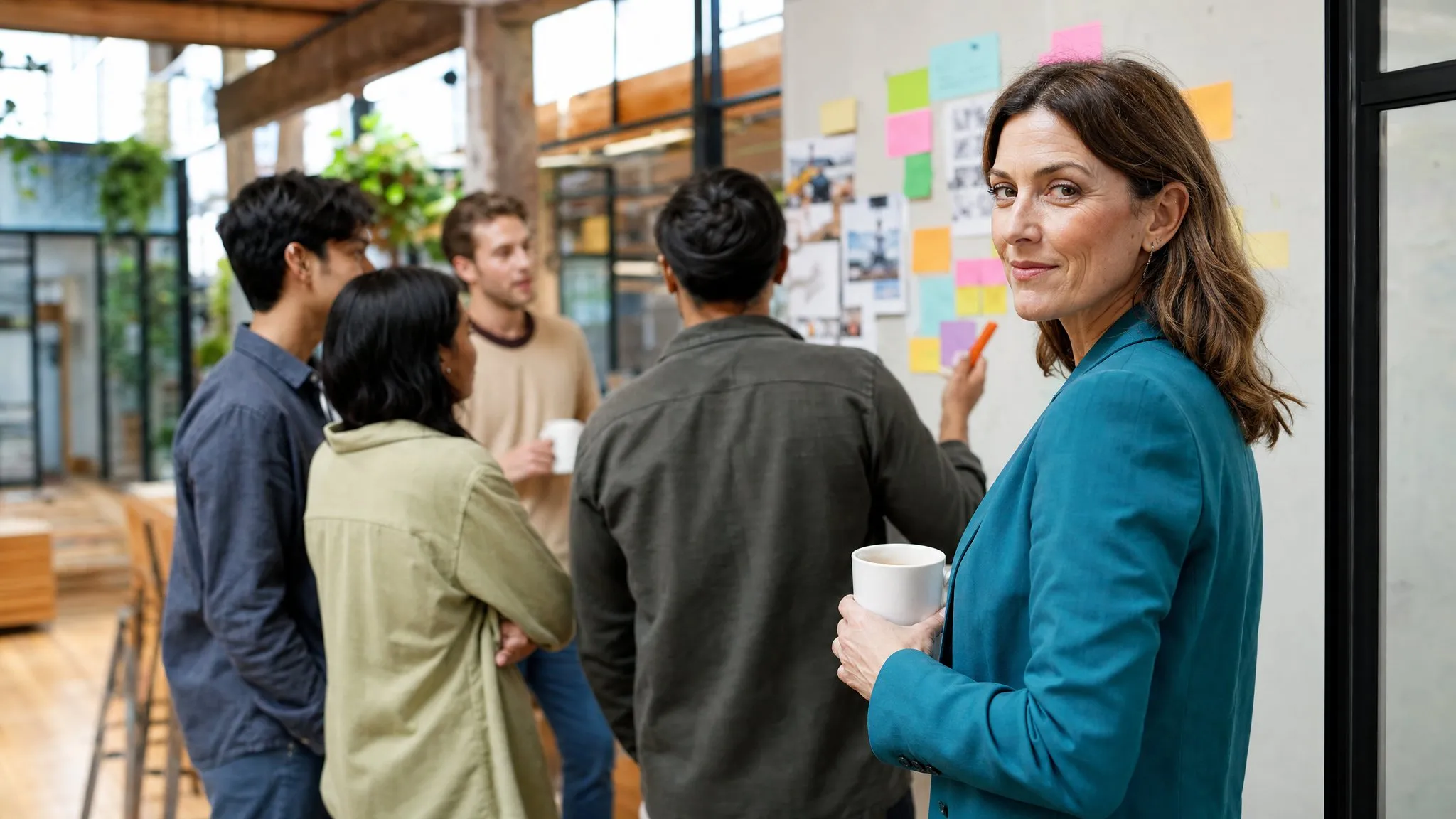 An executive pauses at the edge of her team's morning huddle, coffee in hand, watching ideas move across a sticky-note wall.