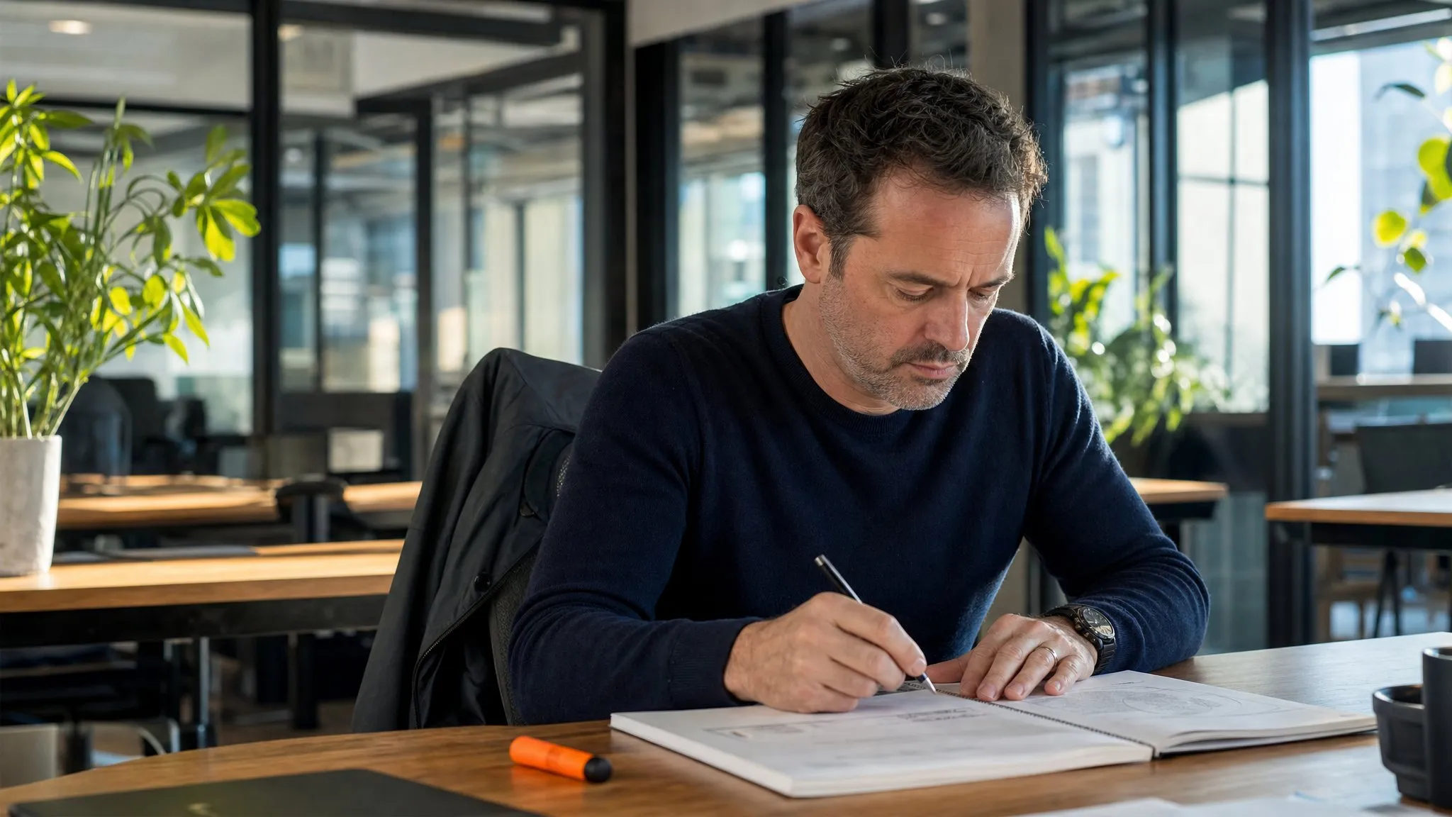 An executive works alone through a printed workbook at his desk in an empty early-morning studio.