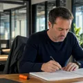 An executive works alone through a printed workbook at his desk in an empty early-morning studio.