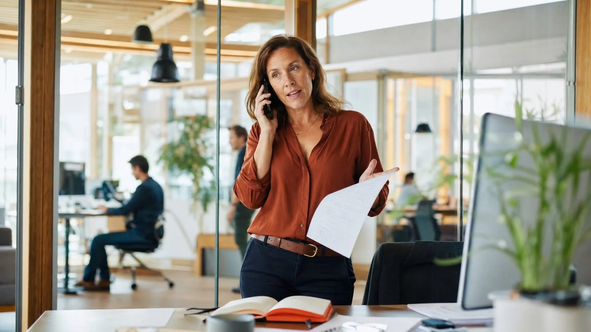 An executive stands at her desk mid-phone-call, gesturing with her notes in hand.
