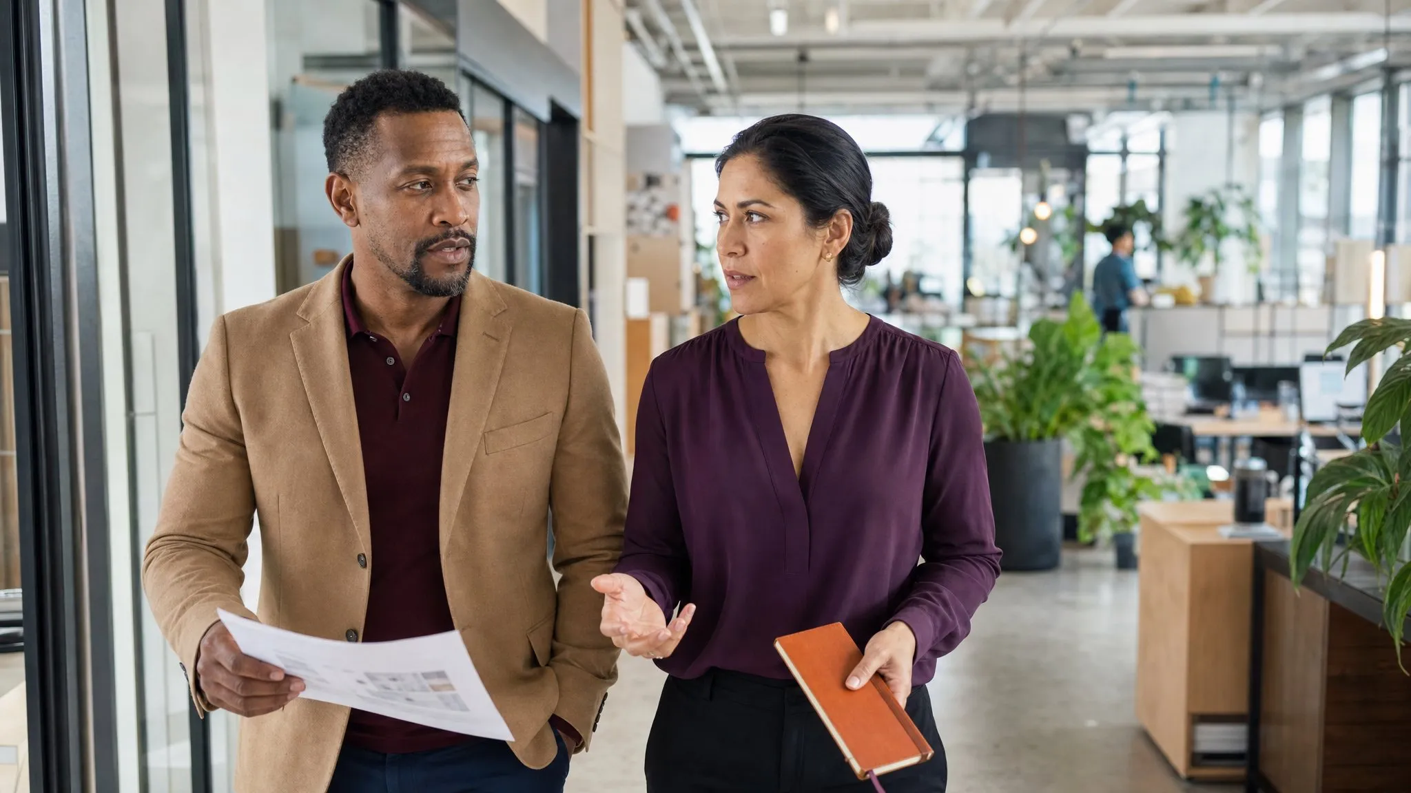 Two executives walk side by side through a bright studio mid-conversation, a notebook and printed one-pager in hand.