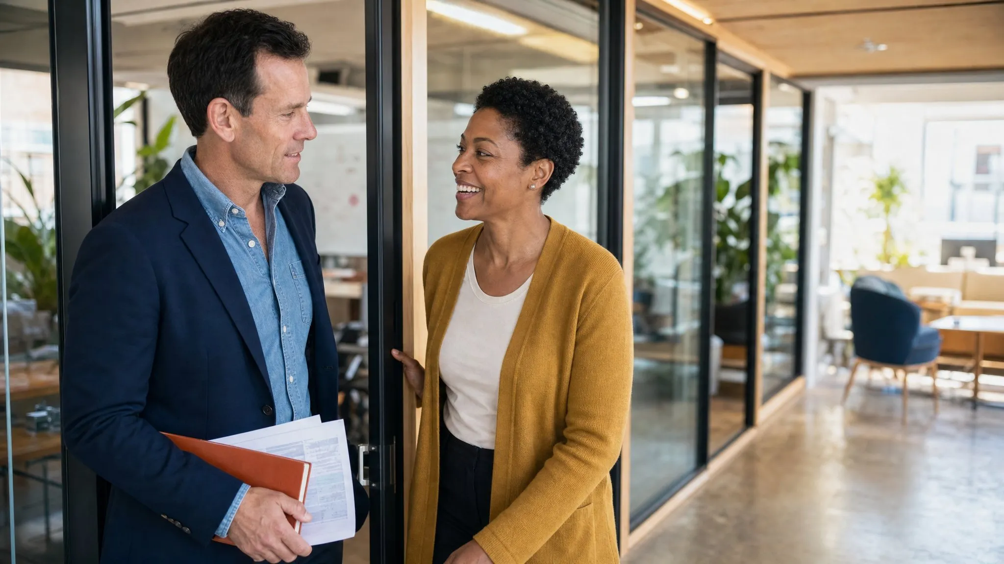 Two consultants wrap up a session at the open door of a glass meeting room, printed draft in hand.