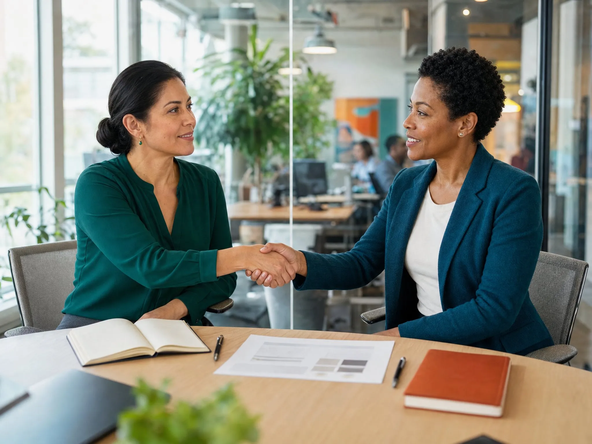Two executives shake hands across the corner of a table at the start of a first meeting in a bright glass-walled room.
