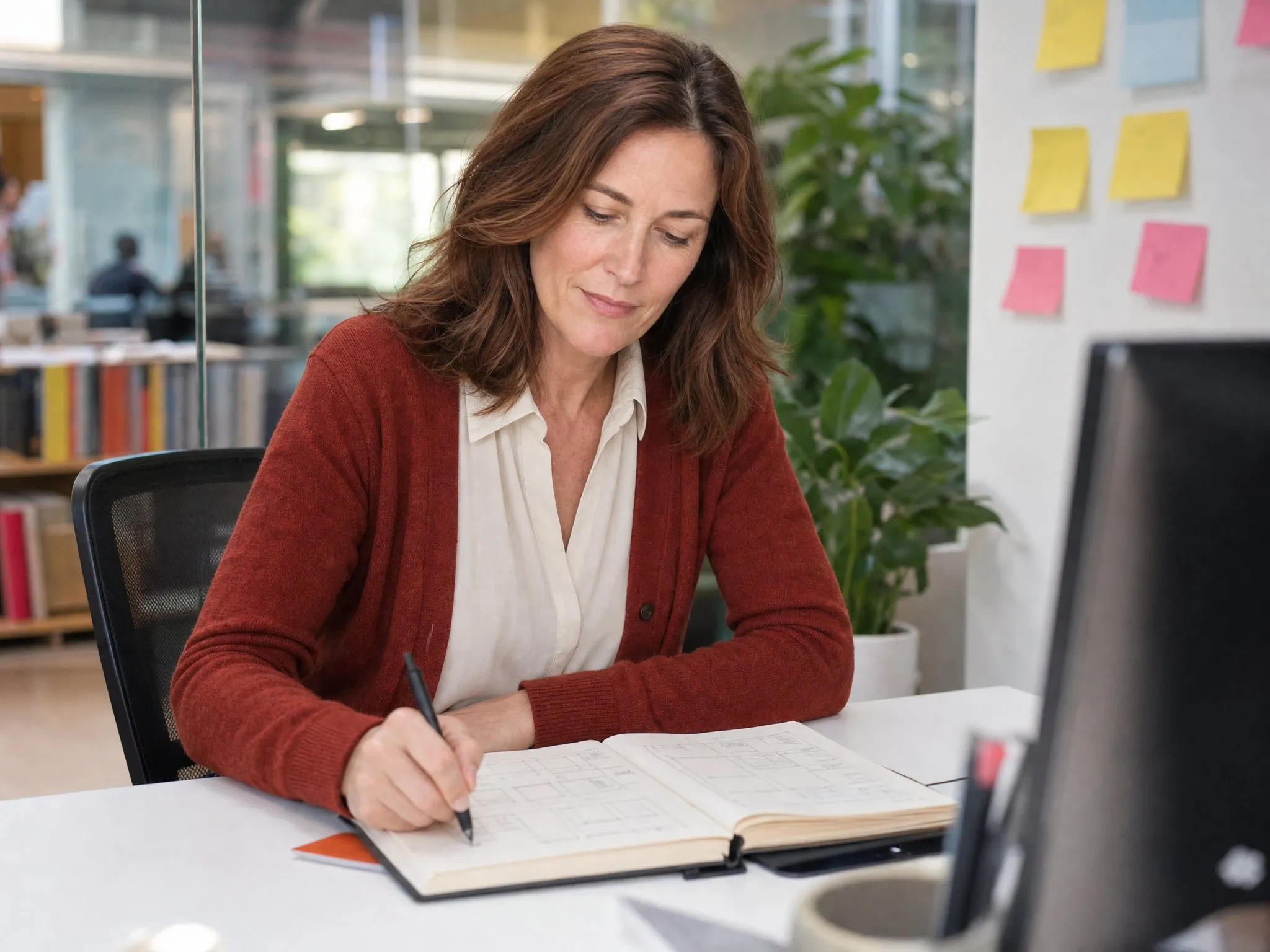 An executive sketches a framework by hand in a thick notebook at her desk in a bright glass-walled studio office.
