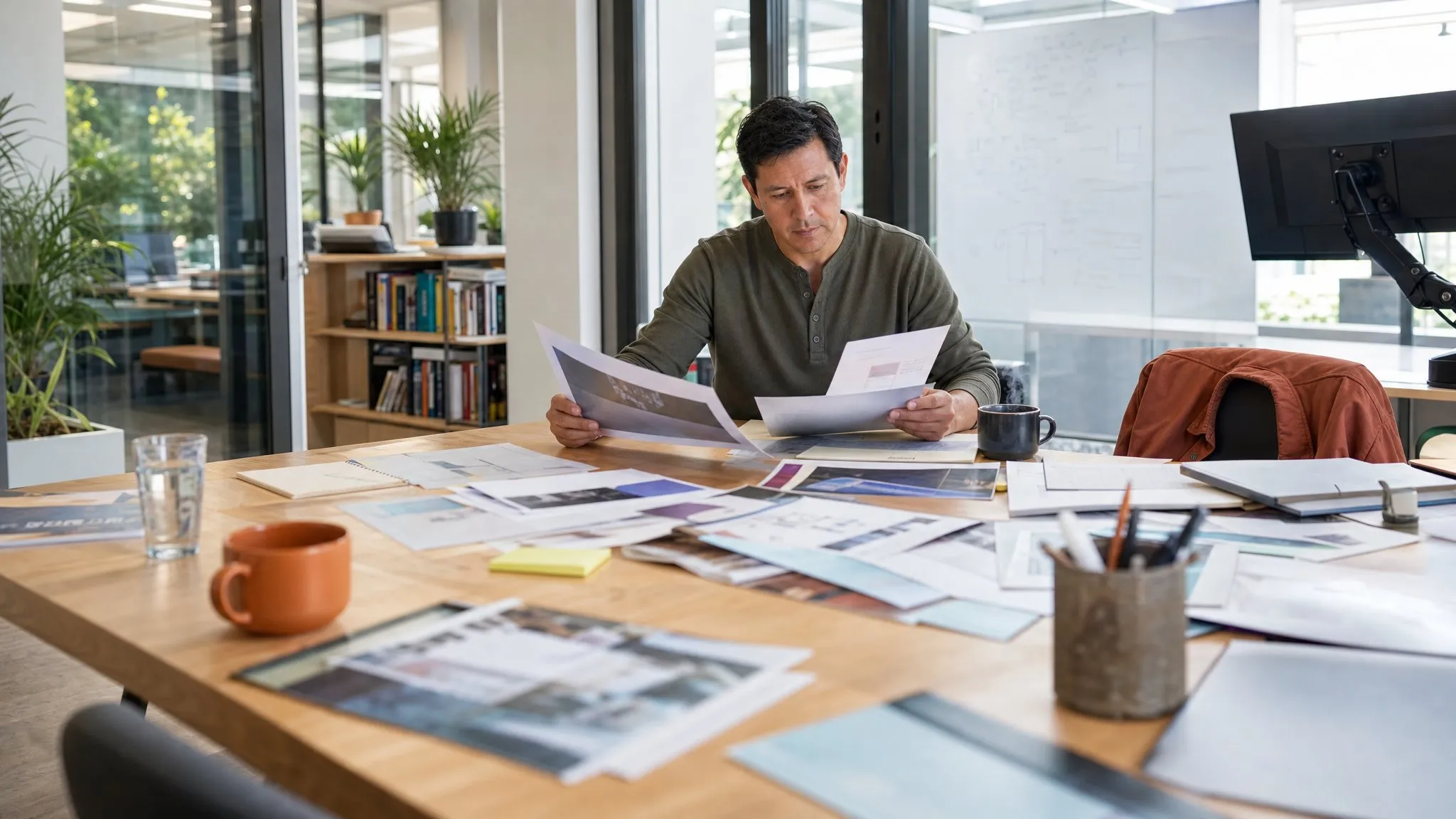 A consultant compares two printed pages at a long working table scattered with drafts in a bright studio.