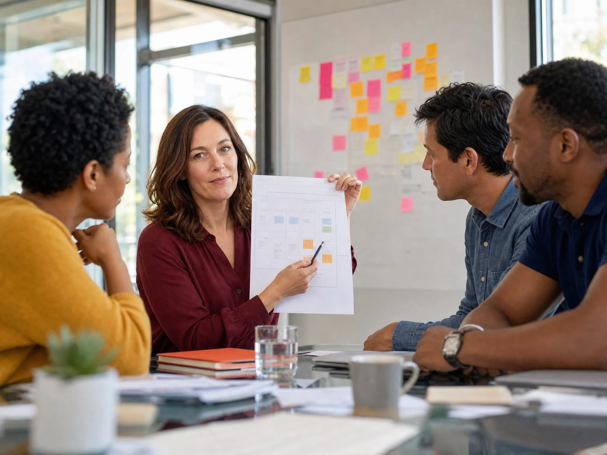 An executive holds up her finished one-page system to three engaged colleagues in a glass-walled meeting room.
