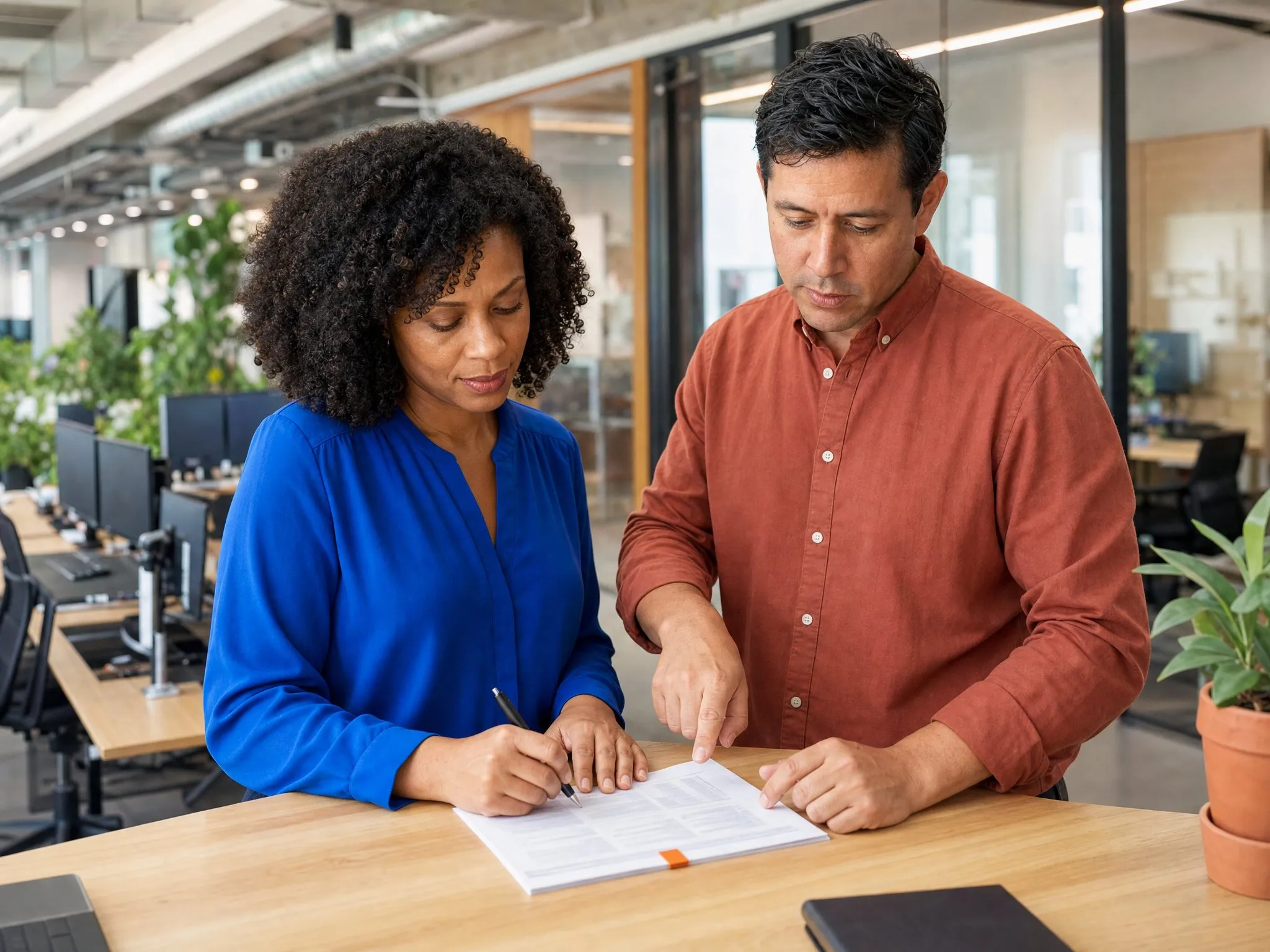 Two colleagues stand shoulder to shoulder at a worktable, marking up a printed one-page runbook together.