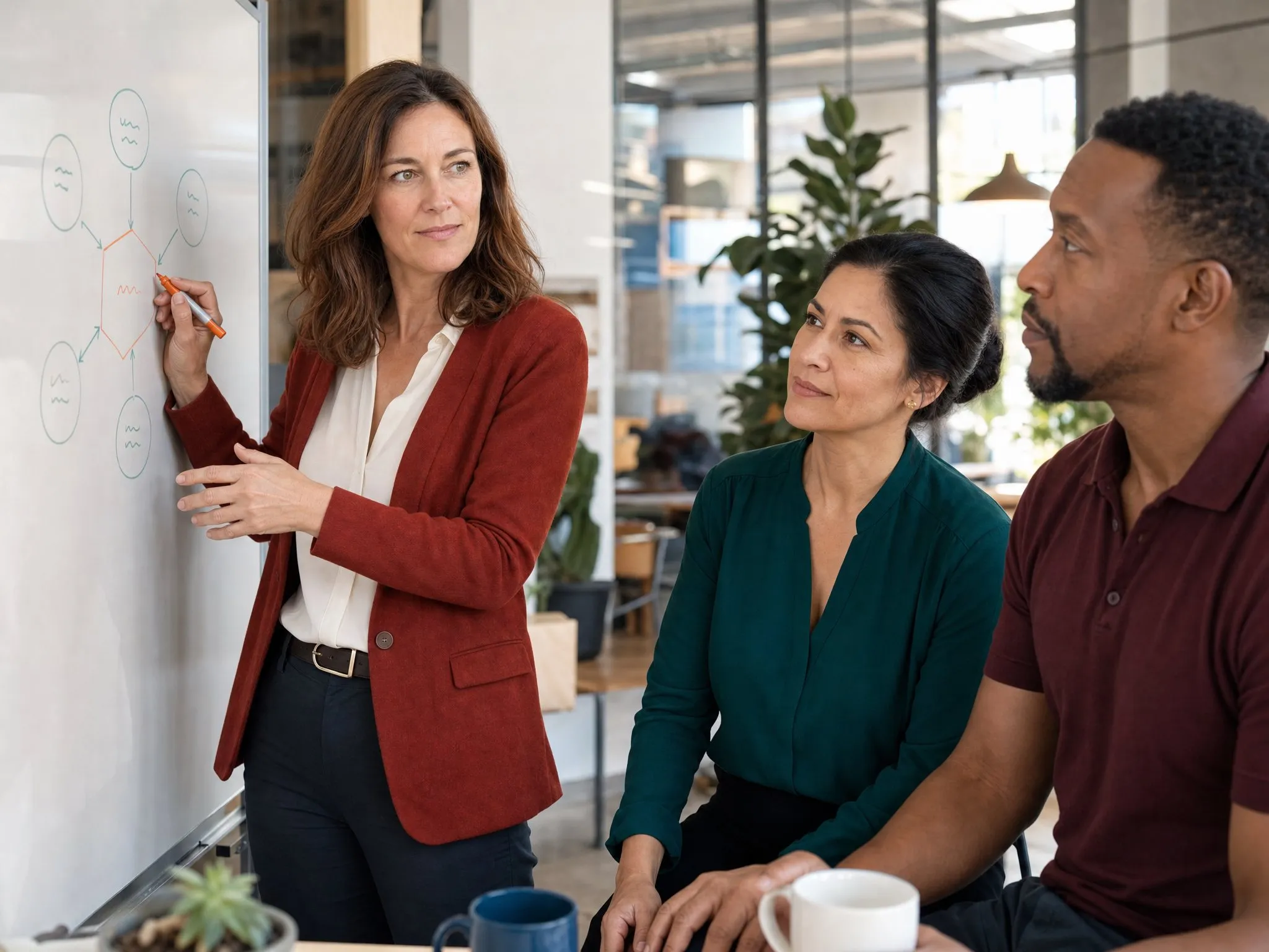 An executive sketches a five-part structure on a whiteboard while two colleagues look on.