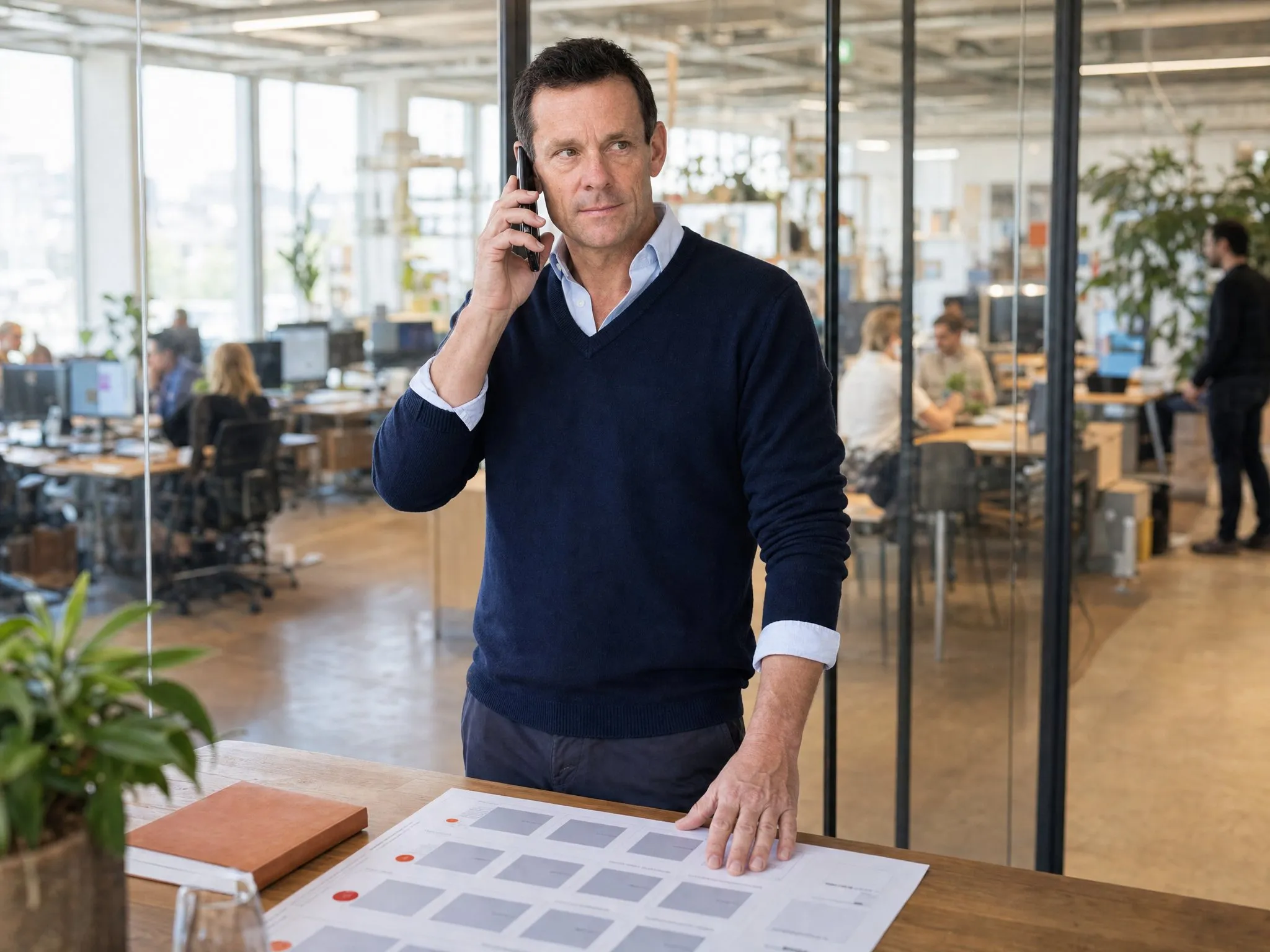 An executive stands in his glass-walled office on a phone call, one hand resting on a printed 90-day plan.