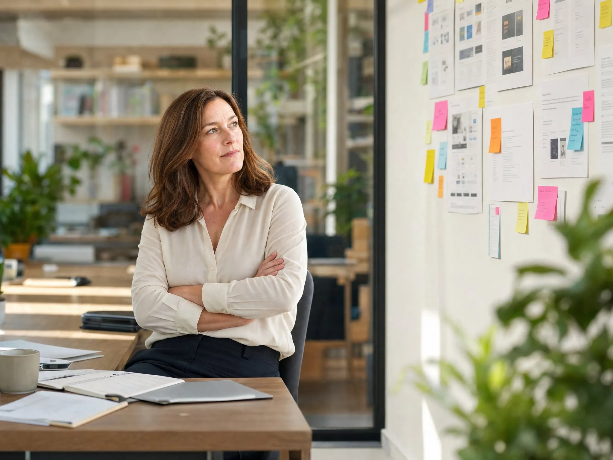 An executive leans back at her desk, arms crossed, taking in the framework pages and sticky notes on her office wall.