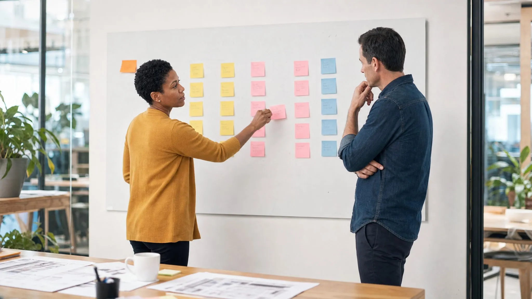 A consultant places a sticky note on a whiteboard mapping a six-week plan while a colleague weighs the columns.