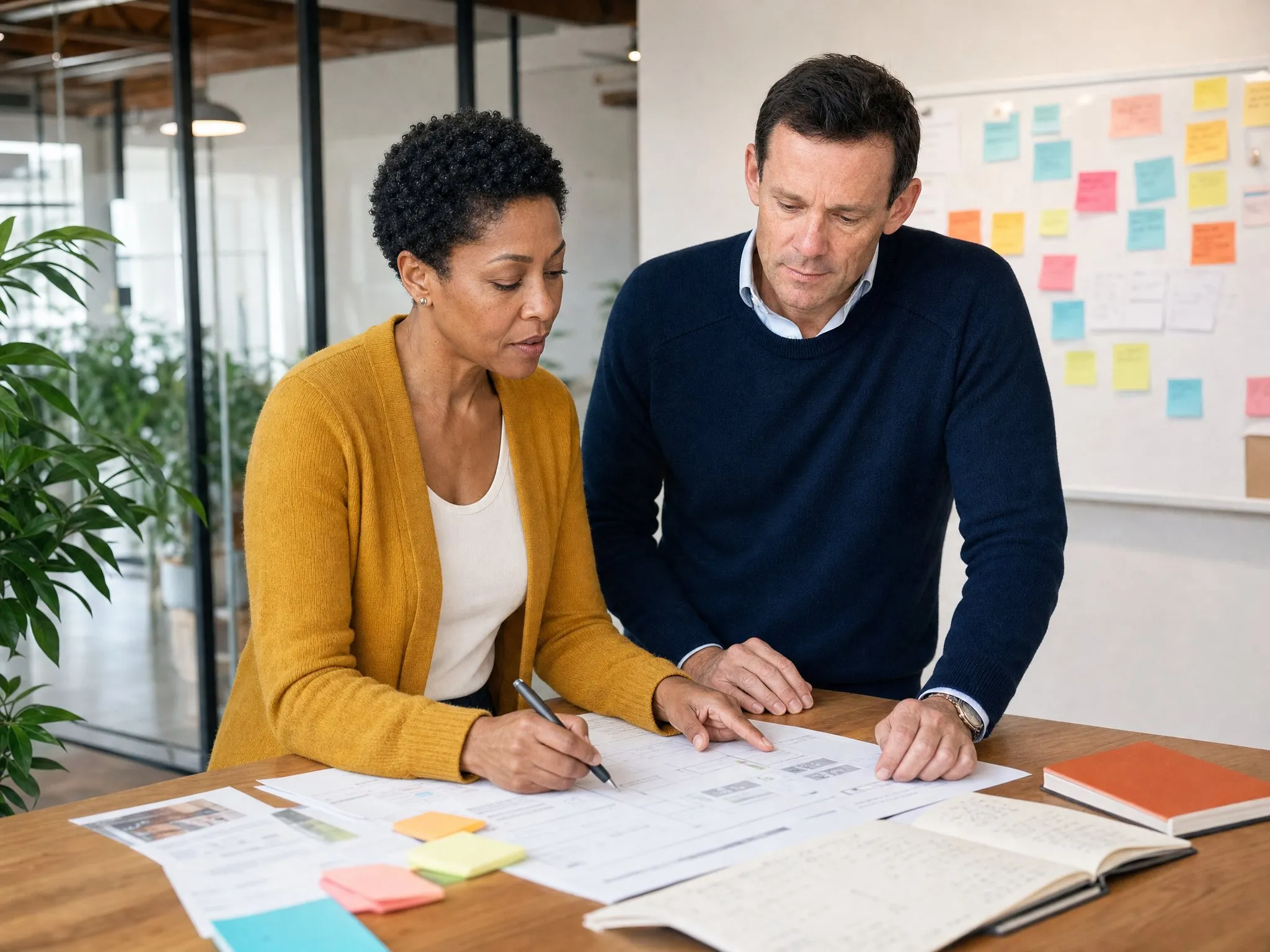 Two consultants working shoulder to shoulder over a printed system map at a bright standing desk.